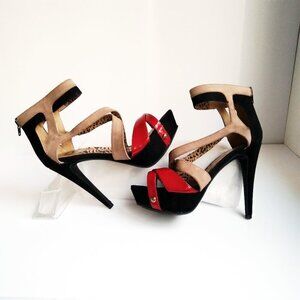 Black & Beige Suede Ankle Strap High Heel  Platform Red Patent Peep Toe  Sz 7M